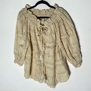 And Andrea Beige Cotton Tiered Textured Voluminous Off Shoulder Boho Blouse S/M